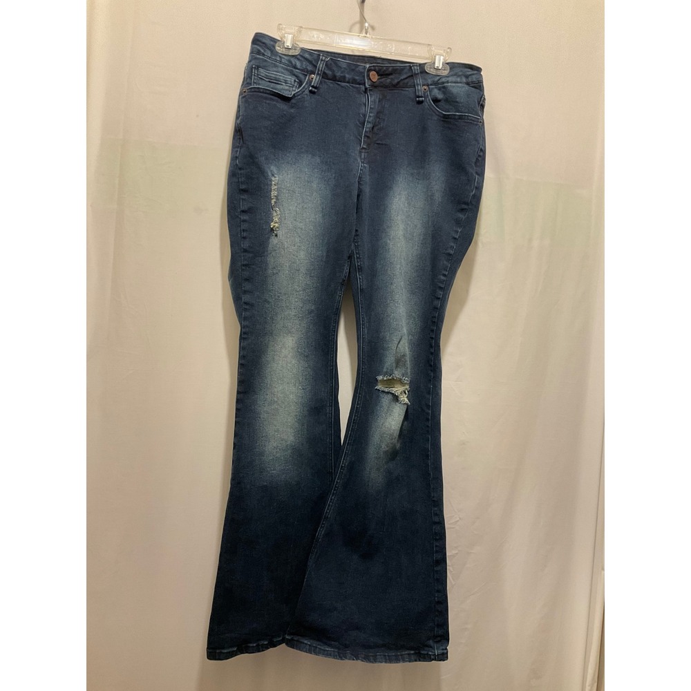 Womens Distressed Flare Jeans Dark Wash Ripped Knee Denim Pants